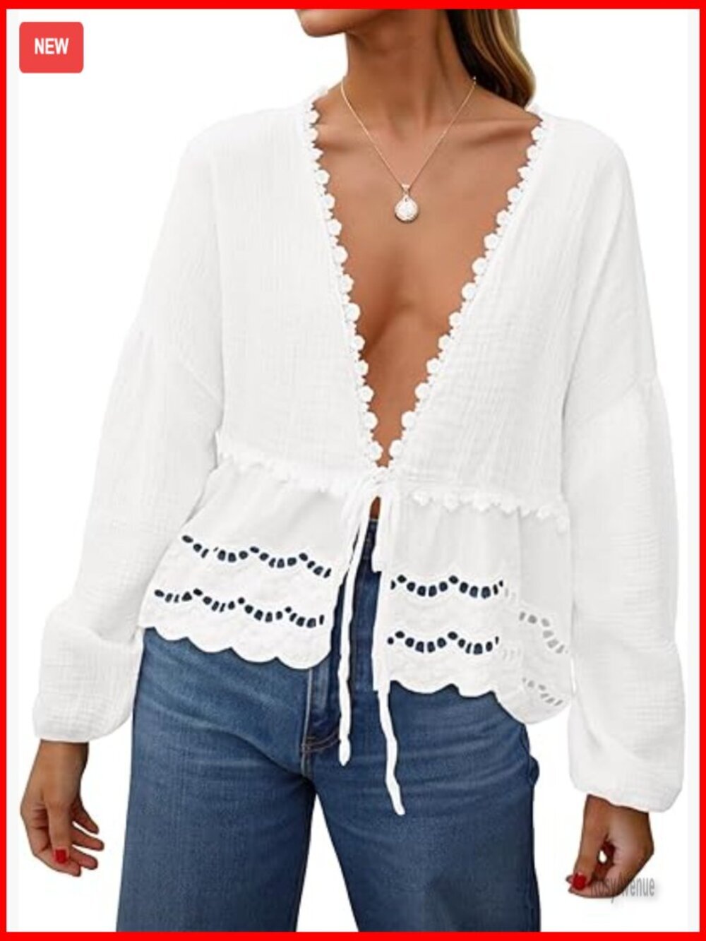 Deep V Neck Tie Front Blouse - Cotton Puff Sleeve Lace Trim